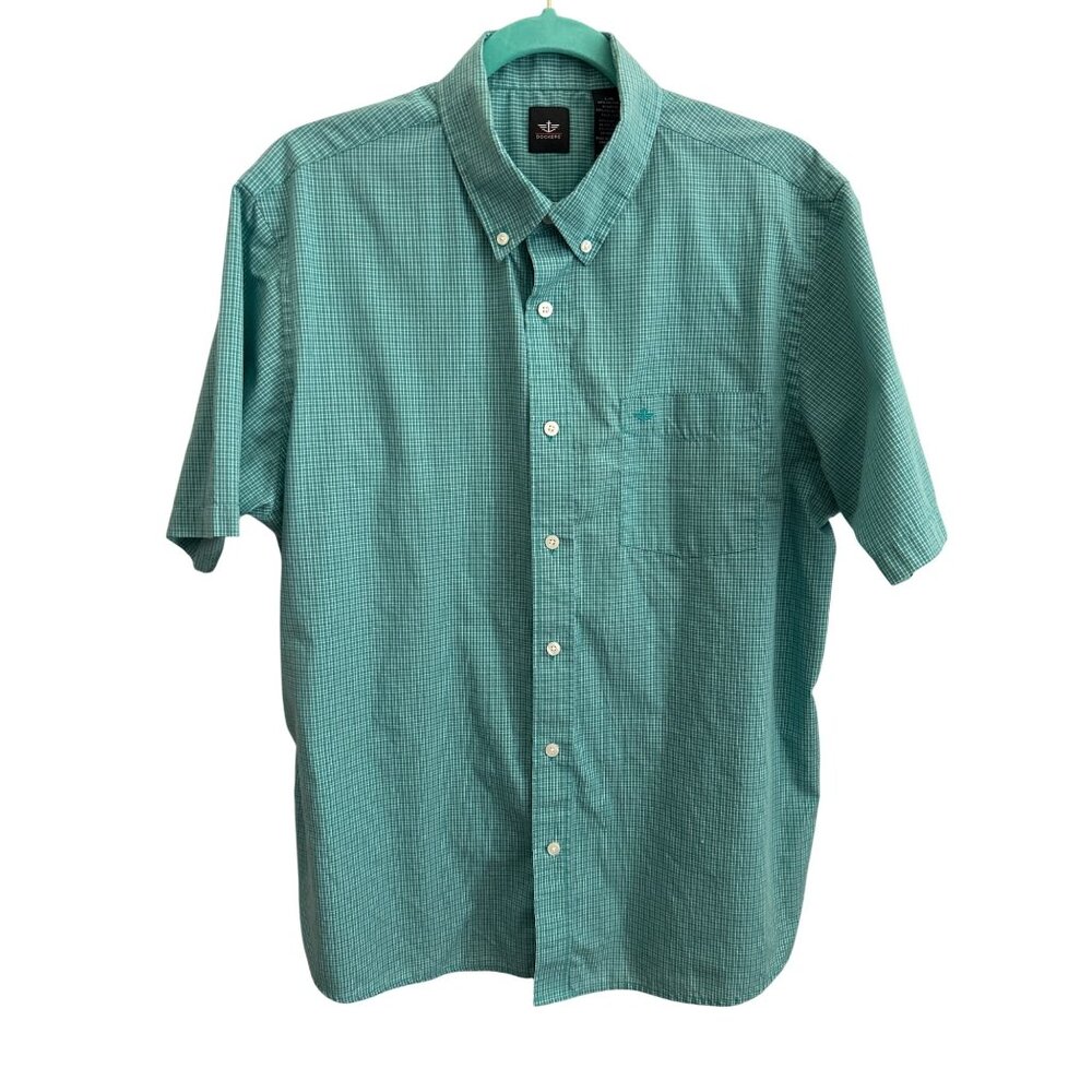 Dockers Mens Large Green Plaid Button-Down Short Sleeve Shirt Cotton Blend